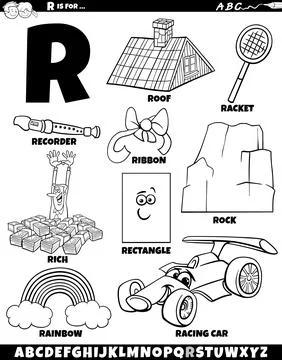 Letter R set with cartoon objects and characters coloring page Illustrazione stock