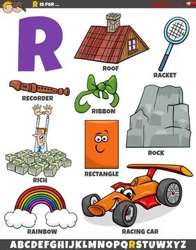 Letter R set with cartoon objects and characters Stock Illustration
