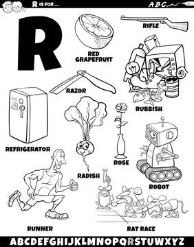 Letter R set with cartoon objects and characters coloring page Stock Illustration