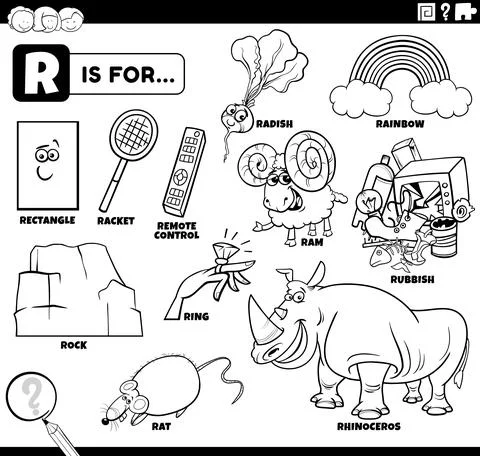 Letter r words educational set coloring book page 스톡 일러스트