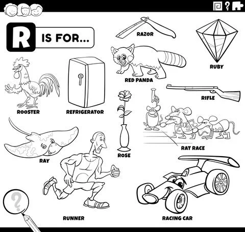 Letter r words educational set coloring book page 스톡 일러스트