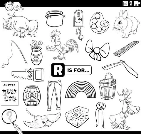 Letter r words educational task coloring book page Illustrazione stock