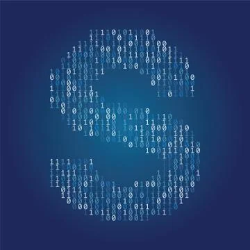 Letter S font made from binary code digits on a dark blue background Stock Illustration