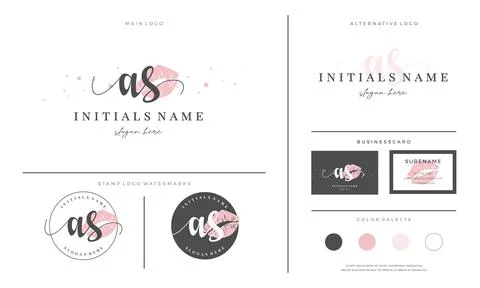 Letter A S AS Initial handwriting logo template with lipstick kiss or makeup Stock Illustration