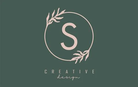 Letter S Logo with circle frame and pastel leaves design. Rounded vector illu Stock Illustration