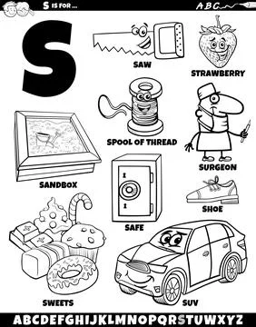 Letter S set with cartoon objects and characters coloring page Stock Illustration
