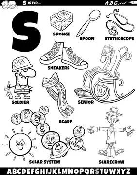 Letter S set with cartoon objects and characters coloring page Stock Illustration