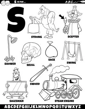 Letter S set with cartoon objects and characters coloring page Stock Illustration