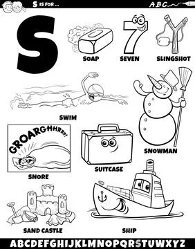 Letter S set with cartoon objects and characters coloring page Stock Illustration