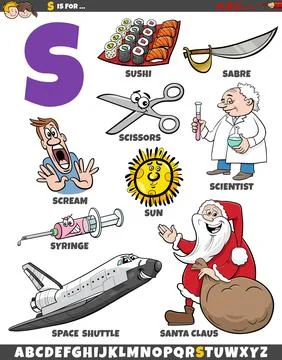 Letter S set with cartoon objects and characters Stock Illustration