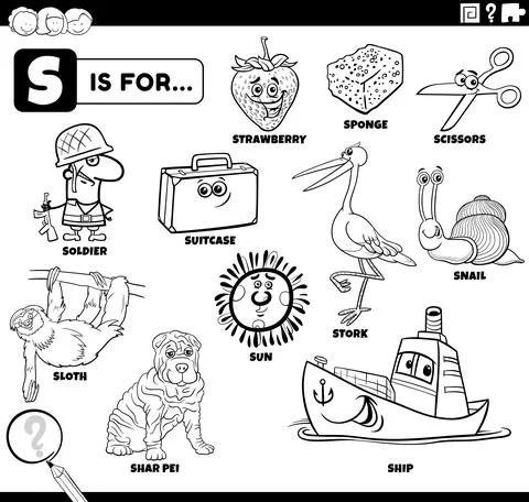 Letter s words educational set coloring book page Stock Illustration