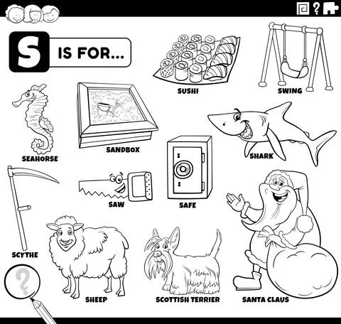 Letter s words educational set coloring book page Illustrazione stock