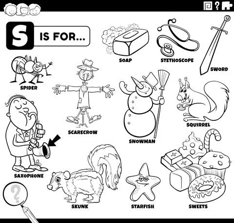 Letter s words educational set coloring book page Illustrazione stock