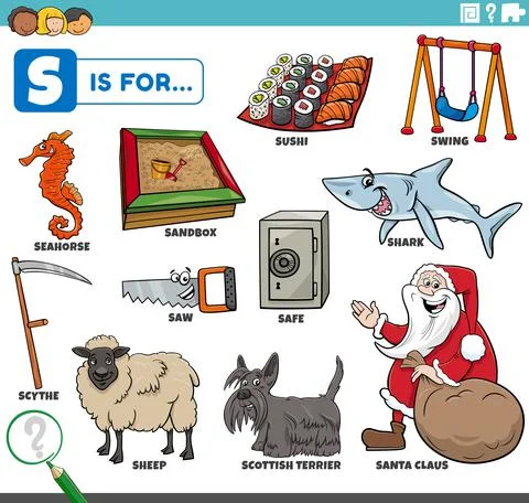 Letter s words educational set with cartoon characters 스톡 일러스트