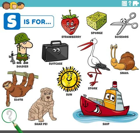 Letter s words educational set with cartoon characters Stockillustratie