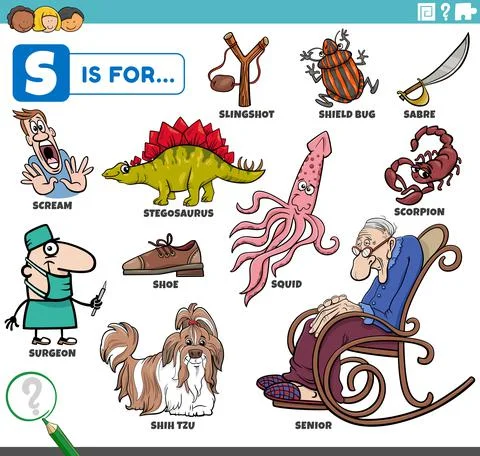 Letter s words educational set with cartoon characters Illustrazione stock