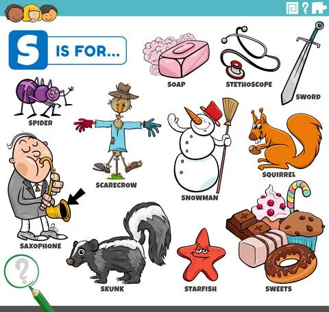 Letter s words educational set with cartoon characters Illustrazione stock