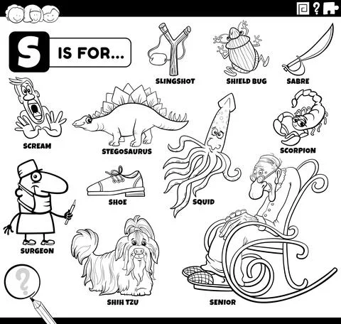 Letter s words educational set coloring book page Illustrazione stock