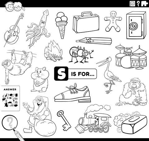 Letter s words educational task coloring book page Stock Illustration