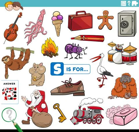 Letter s words educational task for children 库存插图