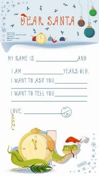 A letter for Santa Claus with lines to fill in wishes and data A snake wrap.. Stock Illustration