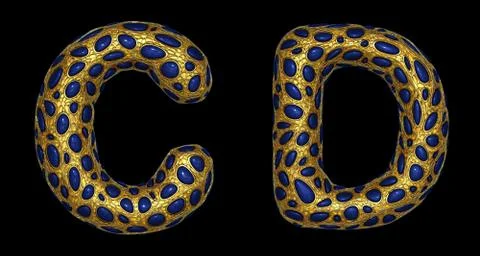 Letter set C, D made of realistic 3d render golden shining metallic. Ilustração Stock