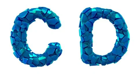 Letter set C, D made of 3d render plastic shards blue color. Stock Illustration