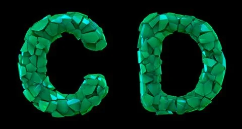 Letter set C, D made of 3d render plastic shards green color. Stock Illustration