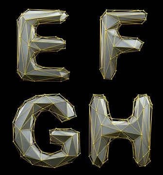 Letter set E, F, G, H made of realistic 3d render silver color. Collection of Stock Illustration