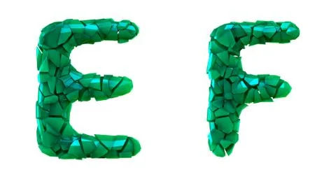 Letter set E, F made of 3d render plastic shards green color. Illustration