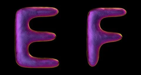 Letter set E, F made of realistic 3d render natural purple snake skin texture. Illustration