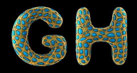 Letter set G, H made of realistic 3d render golden shining metallic. Illustrazione stock