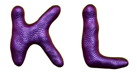 Letter set K, L made of realistic 3d render natural purple snake skin texture. Stock Illustration