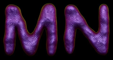Letter set M, N made of realistic 3d render natural purple snake skin texture. Stock Illustration