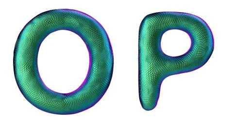 Letter set O, P made of realistic 3d render natural green snake skin texture. Ilustração Stock