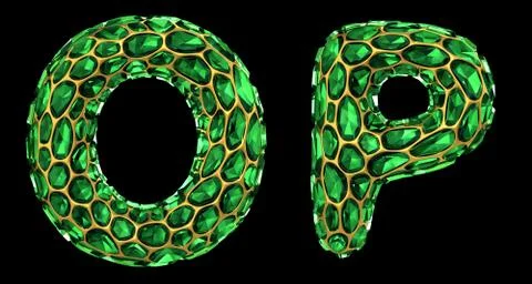 Letter set O, P made of realistic 3d render green diamond. Collection of Diamond Illustrazione stock