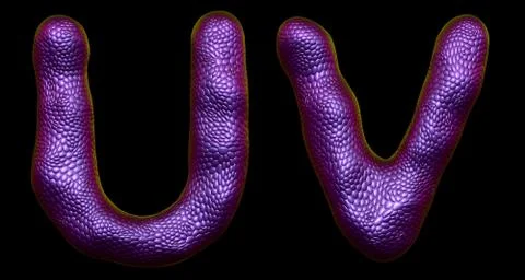 Letter set U, V made of realistic 3d render natural purple snake skin texture. Stock Illustration