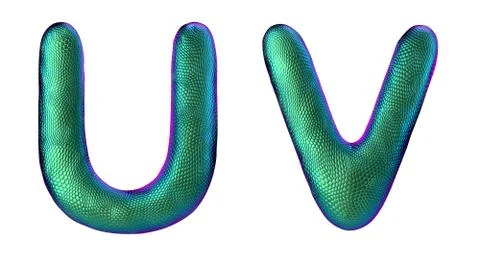 Letter set U, V made of realistic 3d render natural green snake skin texture. Stock Illustration