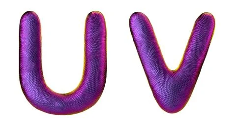 Letter set U, V made of realistic 3d render natural purple snake skin texture. Stock Illustration