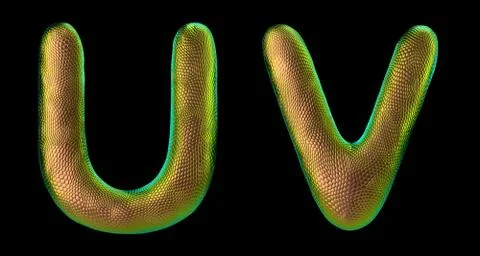 Letter set U, V made of realistic 3d render natural gold snake skin texture. Illustrazione stock