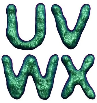 Letter set U, V, W, X made of realistic 3d render natural green snake skin Stock Illustration