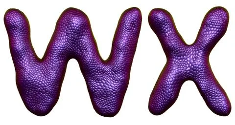 Letter set W, X made of realistic 3d render natural purple snake skin texture. Stock Illustration