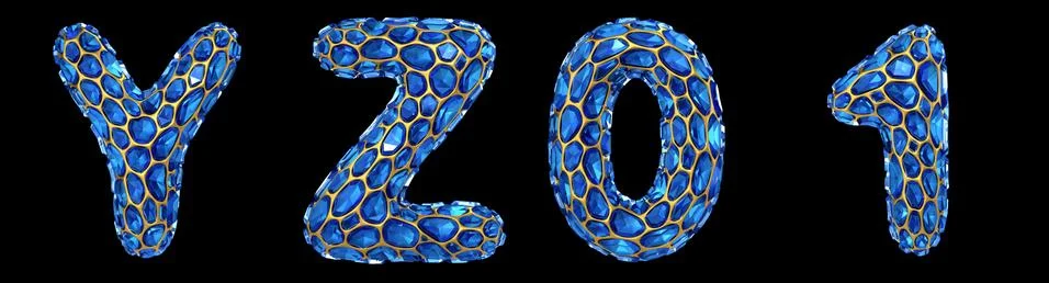 Letter set Y, Z, 0, 1 made of realistic 3d render blue diamond. Collection of Illustration