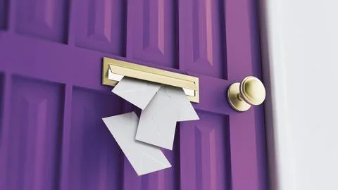 Letter sliding through brass mail slot on a purple door. 3D illustration Stock Illustration