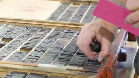 The letter stamps on the tray inside the old printing shop Stock Footage 97019048