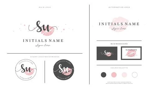 Letter SU S U Initial handwriting logo template with lipstick kiss or makeup Stock Illustration