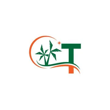 Letter T blends with coconut trees by the beach at night Illustrazione stock