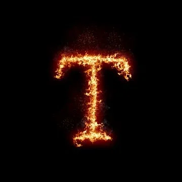Letter T burning in fire, digital art isolated on black background, a letter Stock Illustration