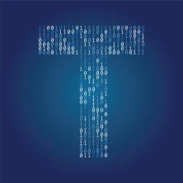 Letter T font made from binary code digits on a dark blue background Stock Illustration