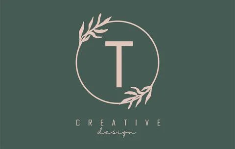 Letter T Logo with circle frame and pastel leaves design. Rounded vector illu Stock Illustration